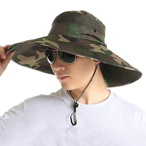 Zidao Sombrero al Aire Libre jardineros, Casquillo de la Pesca de Camuflaje Hombres Mujeres Sombrero de Verano al Aire Libre Sombra Protectora Cable de la Barbilla Ajustable,1