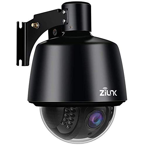Zilnk Cámara domo IP al aire libre, cámara de seguridad Wi-Fi en el exterior, sarté/inclinación, zoom óptico 5X, visión nocturna IR, alarma de movimiento, soporte para tarjetas SD de 128 GB