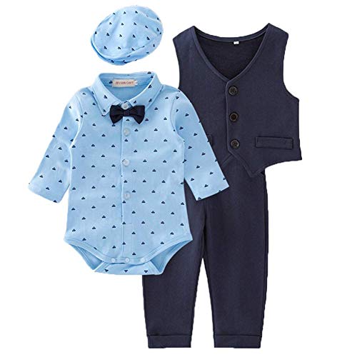 ZOEREA 4pcs Ropa Bebe niño Conjuntos Camisas de Manga Larga + Chaleco + Pantalones + Boina, Infantil niños Trajes Conjunto de Fiesta Boda Bautizo (Azul Oscuro, Etiqueta 70 (Edad 6~12 Meses))