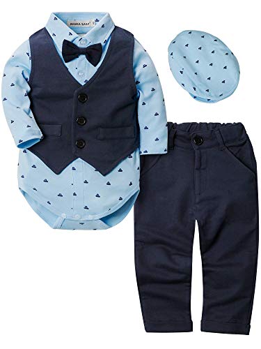 ZOEREA 4pcs Ropa Bebe niño Conjuntos Camisas de Manga Larga + Chaleco + Pantalones + Boina, Infantil niños Trajes Conjunto de Fiesta Boda Bautizo (Azul Oscuro, Etiqueta 70 (Edad 6~12 Meses))