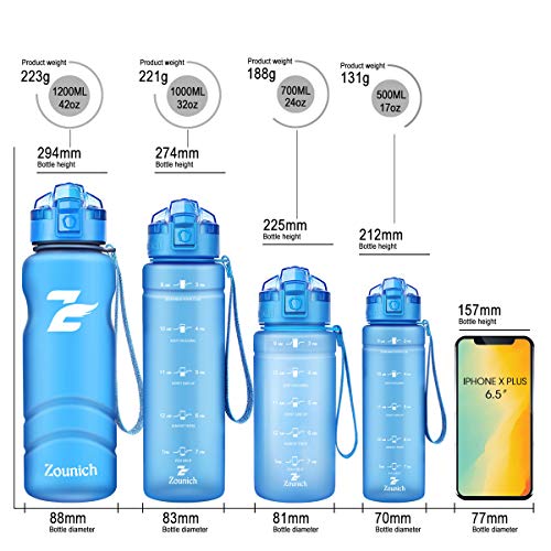 ZOUNICH Botella Agua Deporte, Botella Agua Niños sin BPA Reutilizable Plástico Tritan - 500 ml / 700 ml / 1 l / 1.2 l, Cantimploras para Te con Filtro, para Infantil, Gimnasio, Bicicleta