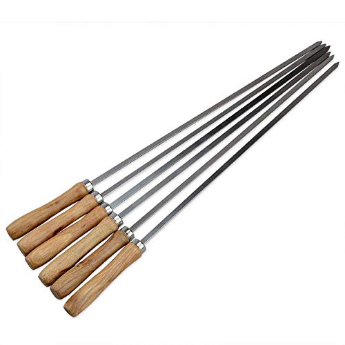 ZQ Pinchos para Barbacoa, 6 Pinchos De Metal Plano Reutilizables De Acero Inoxidable para Barbacoa, Mango De Madera, con Bolsa De Almacenamiento, Adecuados para Camping Fiesta Picnic