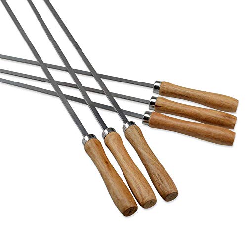 ZQ Pinchos para Barbacoa, 6 Pinchos De Metal Plano Reutilizables De Acero Inoxidable para Barbacoa, Mango De Madera, con Bolsa De Almacenamiento, Adecuados para Camping Fiesta Picnic