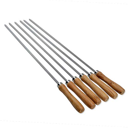 ZQ Pinchos para Barbacoa, 6 Pinchos De Metal Plano Reutilizables De Acero Inoxidable para Barbacoa, Mango De Madera, con Bolsa De Almacenamiento, Adecuados para Camping Fiesta Picnic