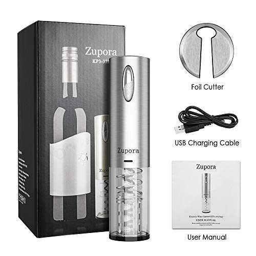 Zupora - Juego de abrebotellas de vino eléctrico (acero inoxidable, con cortador de papel de aluminio, para el hogar, restaurante, fiesta, como regalo, color plateado refinado