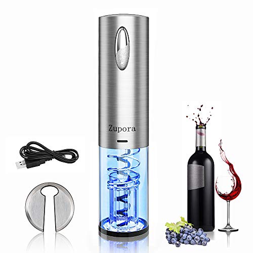 Zupora - Juego de abrebotellas de vino eléctrico (acero inoxidable, con cortador de papel de aluminio, para el hogar, restaurante, fiesta, como regalo, color plateado refinado