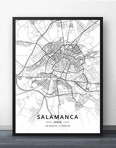 ZWXDMY Impresión De Lienzo,España Salamanca Mapa De La Ciudad Moderno Negro Blanco Pintura Simple Arte Minimalista Mural Cartel Sala De Estar Vertical Café Decoración, 20 × 30 Cm