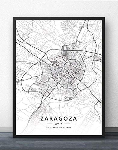 ZWXDMY Impresión De Lienzo,España Zaragoza Mapa De La Ciudad Moderno Blanco Y Negro Pintura Simple Arte Minimalista Mural Cartel Sala De Estar Vertical Café Decoración, 50 × 70 Cm