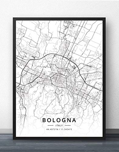 ZWXDMY Impresión De Lienzo,Italia Mapa De La Ciudad De Bolonia Texto Minimalista En Blanco Y Negro Póster Lienzo Abstracto Pintura Mural Cafe Oficina Decoracion,70×100Cm.