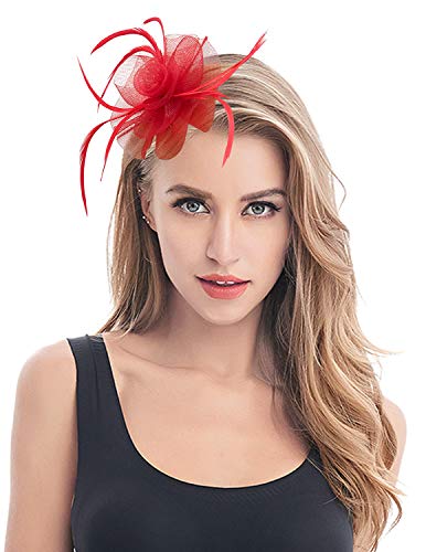 Z&X - Broche para mujer, diseño de flores y plumas, con clip para el pelo, para cócteles, bodas - Rojo - Talla única