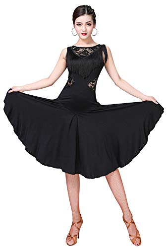 ZX Vestidos de baile de salón para mujer con flecos de encaje en la parte posterior salsa latina baile vestido con pantalones cortos (5 colores) - Negro - Medium