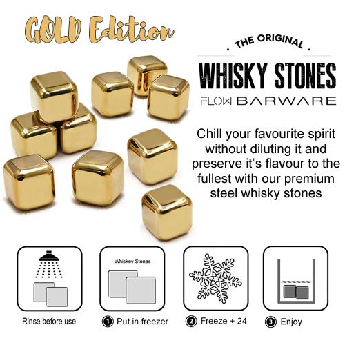 10 x Oro piedras de whisky de oro hechas de acero inoxidable Ice Cube Chilling Stone Rocks, cubitos de hielo metálicos reutilizables para whisky, vino y gin tonic bebidas de FLOW Barware