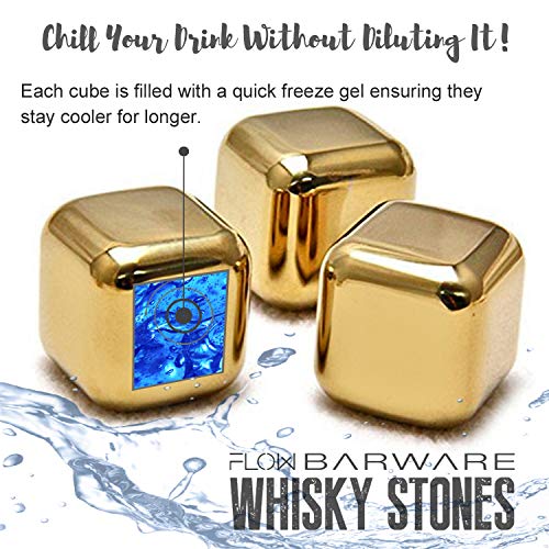 10 x Oro piedras de whisky de oro hechas de acero inoxidable Ice Cube Chilling Stone Rocks, cubitos de hielo metálicos reutilizables para whisky, vino y gin tonic bebidas de FLOW Barware