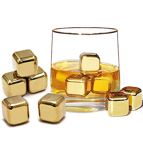 10 x Oro piedras de whisky de oro hechas de acero inoxidable Ice Cube Chilling Stone Rocks, cubitos de hielo metálicos reutilizables para whisky, vino y gin tonic bebidas de FLOW Barware