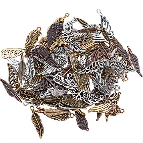 100 Encantos Colgantes adornos de alas de ángel de plumas de bronce, Diy Accesorios ，formas aleatorias y tamaños adecuados para todo tipo de montaje de bricolaje para hacer accesorios y collares,