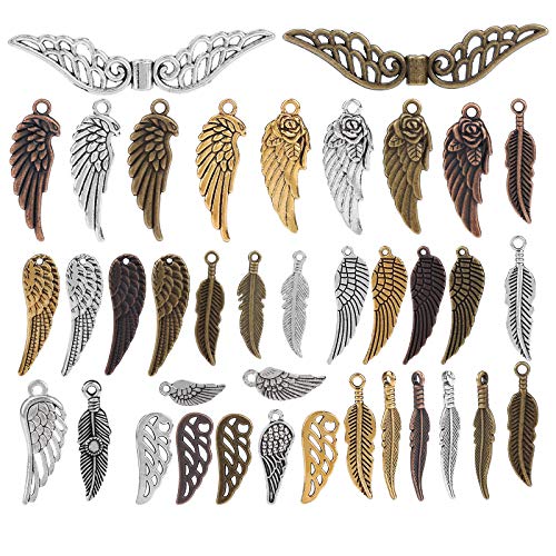 100 Encantos Colgantes adornos de alas de ángel de plumas de bronce, Diy Accesorios ，formas aleatorias y tamaños adecuados para todo tipo de montaje de bricolaje para hacer accesorios y collares,
