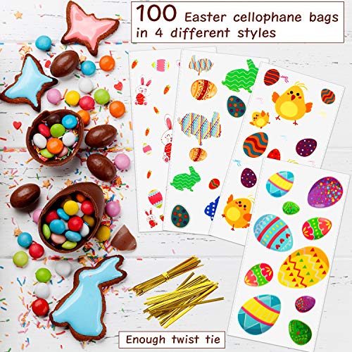 100 Piezas Bolsa de Celofán de Pascua Bolsa de Dulces Galletas Regalos de Fiesta con Patrones de Conejo Huevos Zanahoria y Precintos para Fiesta de Pascua