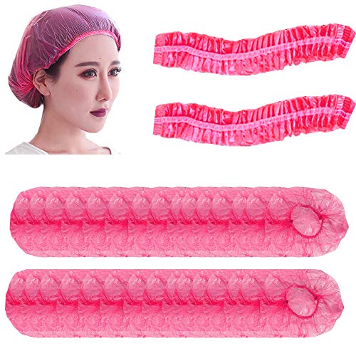 100 piezas de gorros de ducha desechables, gorro de baño impermeable a prueba de polvo, gorros de red para el cabello, gorro de baño elástico de plástico para mujeres, peluquería y spa positive