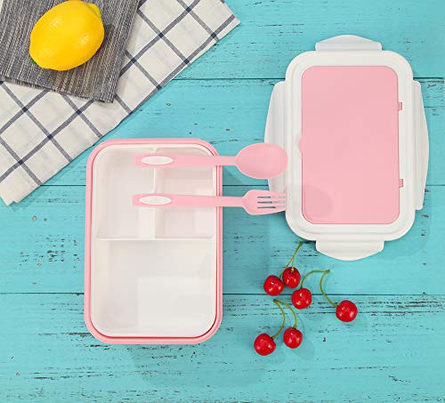 1050ml Caja de Almuerzo de Plástico Rosa, Caja de Bento con 3 Compartimentos y Cubiertos (Tenedor y Cuchara), Fiambreras Caja de Alimentos Ideal para Almuerzo y Bocadillos para Niños y Adultos