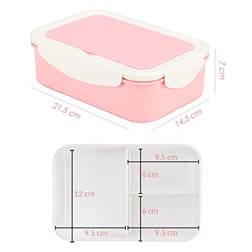 1050ml Caja de Almuerzo de Plástico Rosa, Caja de Bento con 3 Compartimentos y Cubiertos (Tenedor y Cuchara), Fiambreras Caja de Alimentos Ideal para Almuerzo y Bocadillos para Niños y Adultos