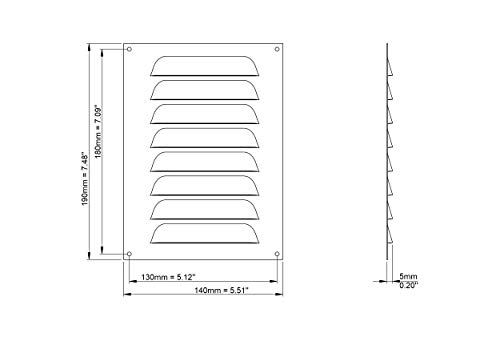 140x190mm Rejilla de ventilación, Sobreponer blanco rectangular fija, metal , mr1419