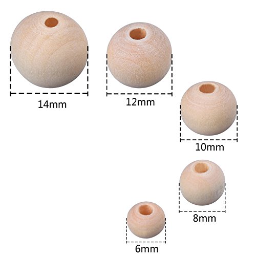 150 Piezas Set de Cuentas de Madera Redondas Naturales con Caja para Elaboración de Joyería de DIY, 5 Tamaños (6 mm/ 8 mm/ 10 mm/ 12 mm/ 14 mm)