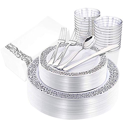 160 piezas Platos de plástico plateados, cubiertos, vasos de plata y servilletas de mano Incluye 40 tenedores, 20 cucharas, 20 cuchillos, 20 platos de cena, 20 platos de postre, 20 vasos, 20 toallas