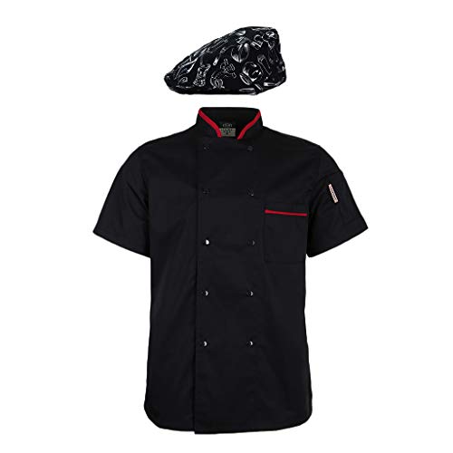 1x Chaqueta Uniforme de Chef 1x Gorra Patrón Vajilla Cap Beret para Pubs Cafeterías Locales Comerciales Cocinas - negro, 2XL