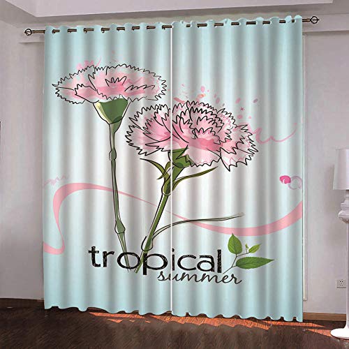 2 Piezas De Cortinas Opacas Resistente Al Calor Y La Luz para Salón Dormitorio Cortina Gruesa Y Suave para Oficina Moderna Decorativa Reducción De Ruido Flores De Clavel Rosa 220 X 215(An X Al)