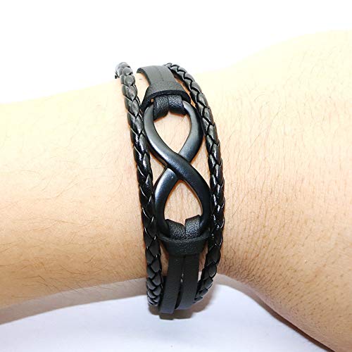 2 piezas de pulsera de hombre negro Pulseras trenzadas de cuero de acero inoxidable, tres filas Infinito Signo de amor brazalete de encanto Hombres, pulsera de cuero para con cierre magnético (19cm)