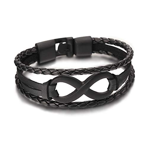 2 piezas de pulsera de hombre negro Pulseras trenzadas de cuero de acero inoxidable, tres filas Infinito Signo de amor brazalete de encanto Hombres, pulsera de cuero para con cierre magnético (19cm)