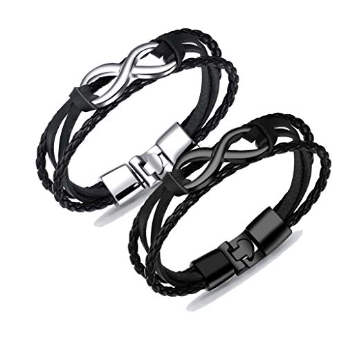 2 piezas de pulsera de hombre negro Pulseras trenzadas de cuero de acero inoxidable, tres filas Infinito Signo de amor brazalete de encanto Hombres, pulsera de cuero para con cierre magnético (19cm)