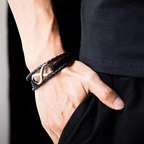 2 piezas de pulsera de hombre negro Pulseras trenzadas de cuero de acero inoxidable, tres filas Infinito Signo de amor brazalete de encanto Hombres, pulsera de cuero para con cierre magnético (19cm)