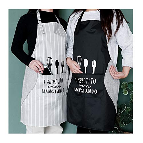 2 Piezas Delantal de Cocina de Cocina, Delantal Ajustable con Bolsillo, Delantal de mano borrable, Delantal universal Hombres y Mujeres para Hogar, Cocina,Restaurante,Cafetería (Rayas Grises + Negro)