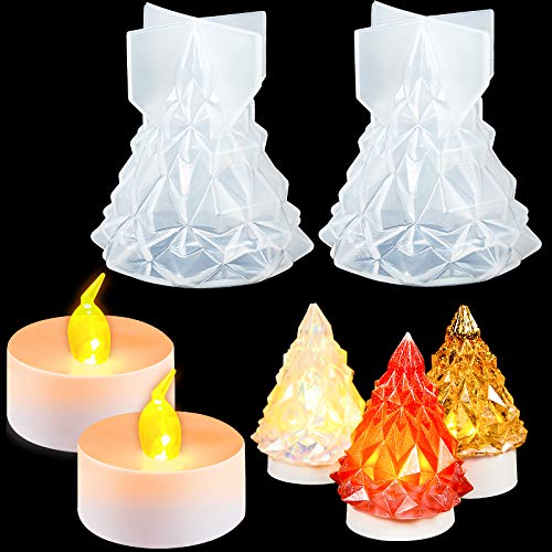 2 Piezas Moldes de Resina de Silicona de Árboles de Navidad Resina Epoxi Navideña con 2 Piezas Luces LED para Decoraciones Navideñas Hogar