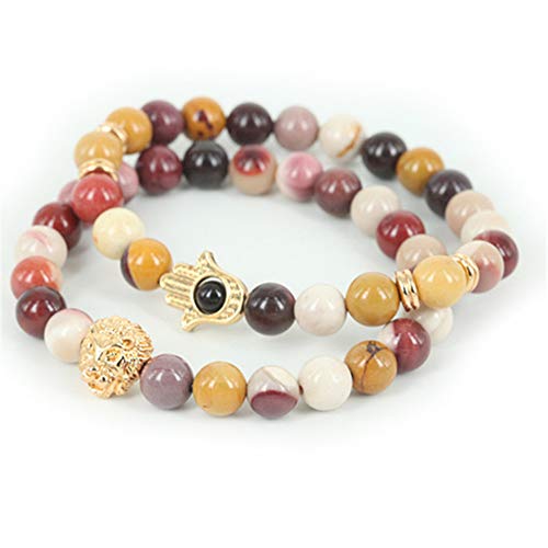 2 Uds, Pulsera con Cabeza De León De Oro De 24 K para Hombre, Pulsera De Piedra Redonda Amarilla con Huevo Natural, Pulsera De Mano Hamsa para Mujer, Joyería Fina como Regalo