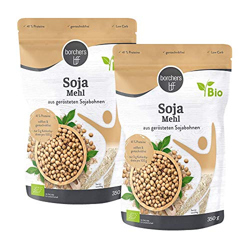 2 x borchers Harina de soja premium ecológica, vegetariana y vegana, con alto contenido de fibra y proteínas, de soja tostada 350 g