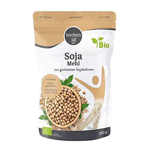 2 x borchers Harina de soja premium ecológica, vegetariana y vegana, con alto contenido de fibra y proteínas, de soja tostada 350 g