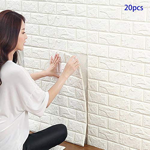 20 Piezas Papel de pared estilo ladrillos 3D, YTAT IED Pegatina de Pared DIY 3D Ladrillo Papel Pintado Sticker Autoadhesivo Wall Paneles, Ideal para dormitorios y salones 60 x60 cm(Blanco)