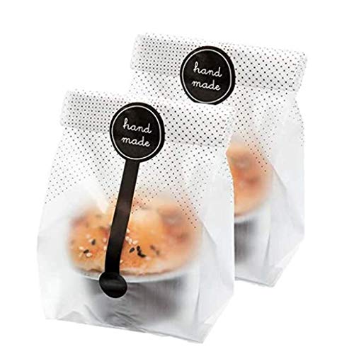 200pcs Bolsas para Pasteles, Bolsas de Plástico Translúcidas para Galletas, Pasteles, Chocolate, Dulces, Envoltura de Bocadillos Buena Panadería con Pegatinas Hechas a Mano