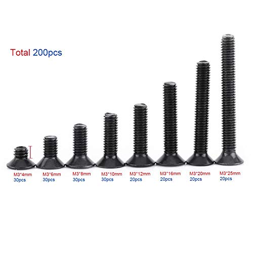 200Pcs M3 Avellanado Tornillo Cabeza plana Hexagonal Surtido Conjunto Tornillos de reparación Accesorios con caja de plástico, Negro