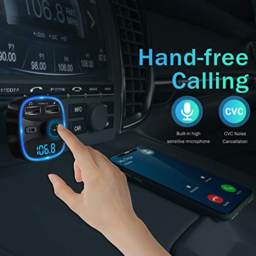 [2020 Versión] LENCENT Transmisor FM Bluetooth para Coche, Manos Libres Inalámbrico Reproductor MP3 Coche, Adaptador de Radio con Dual USB 5V/2.4A & 1A, Soporte Tarjetas SD, USB, y Flash Drive