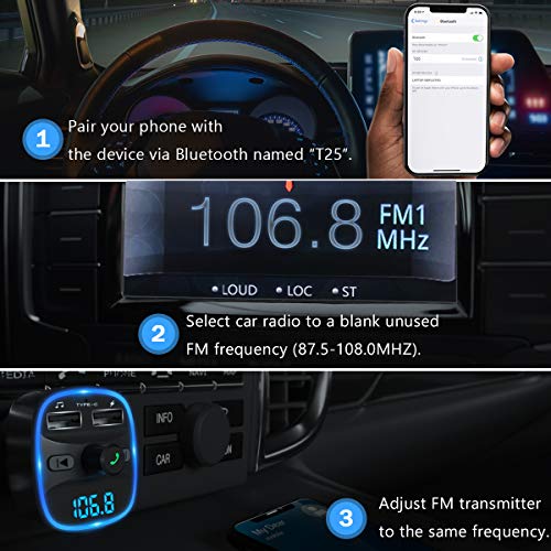 [2020 Versión] LENCENT Transmisor FM Bluetooth para Coche, Manos Libres Inalámbrico Reproductor MP3 Coche, Adaptador de Radio con Dual USB 5V/2.4A & 1A, Soporte Tarjetas SD, USB, y Flash Drive