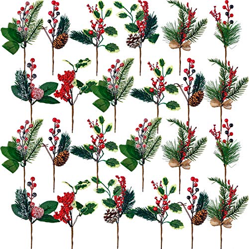 24 Selecciones de Bayas Rojas Artificiales de Navidad Ramas de Baya de Pino Palillos de Flor Nevada de Pino de Acebo Bayas Falsas Piñas para Manualidades Navideñas Tallos Flexibles de 8 Pulgadas