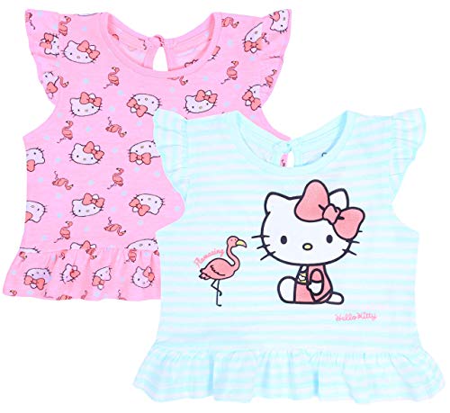 2X Camiseta de Color Rosa y Menta, t-Shirt Hello Kitty 3-6 Meses