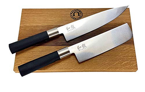 3 piezas. Kai Wasabi Black - Juego de cuchillos japoneses (incluye cuchillo de cocina de 20 cm y tabla de madera maciza de 30 x 18 cm)