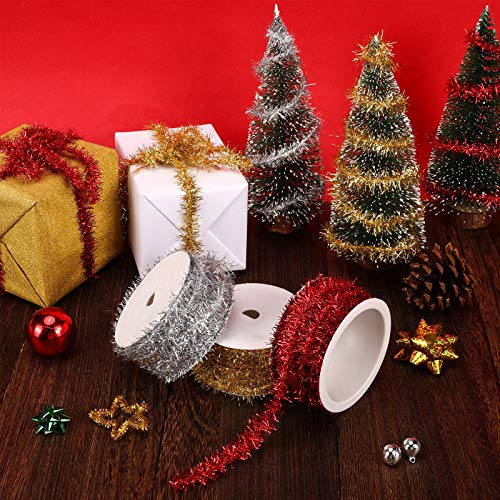 3 Rollos de Guirnalda de Alambre de Oropel de Navidad Guirnalda de Oropel Torcido Metálico Mini Guirnalda Colgante de Alambre de Árbol de Navidad para Navidad Boda Cumpleaños, Oro, Plata, Rojo