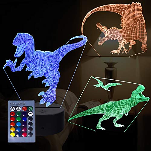 3D Dragon Night Light, lámpara de ilusión 3D con 3 patrones de animales y 16 interruptores de color con control remoto