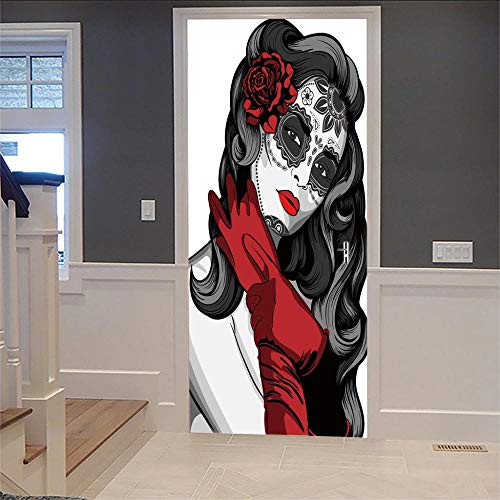 3D Etiqueta Pegatinas De La Puerta Belleza en guantes rojos PVC Adhesivo Fotográfico Pegatina Vinilos Decorativos para Puerta Pared Cocina Sala de Baño 77x200cm