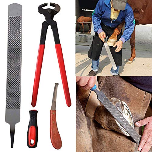 3pcs Caballo Herrador Pezuña Recortar Herramienta Juego, Profesional Equino Metal Cizallas Herrero Tenaza Cortador Escofina Mango Cuchillo Cuidado del Accesorio - como Imagen